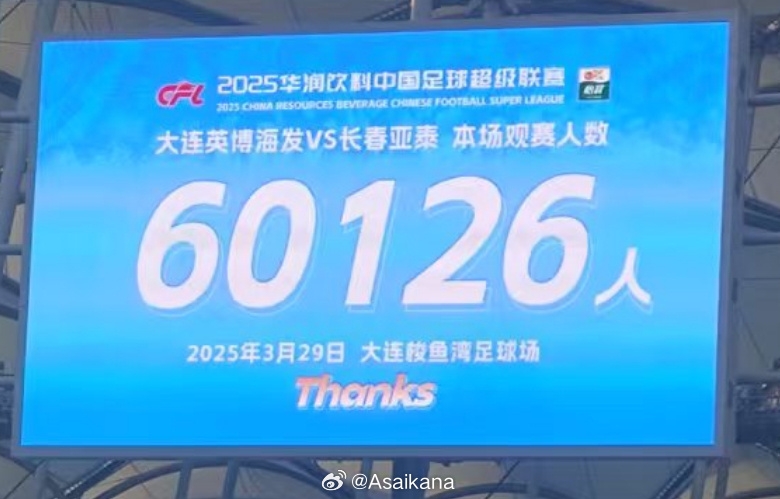 大连英博和长春亚泰吸引60126名观众现场观战，中超历史排名第二